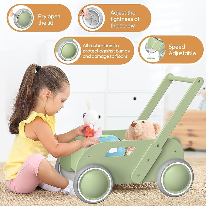 2025 HOMEKOL Wooden Baby Walker,Baby Push Walker, Adjustable Speed Baby Walker for Boys and Girls, Baby Activity Center, Gift for Birthday, Christmas and New Year Nature Green-BubblyBeeBaby