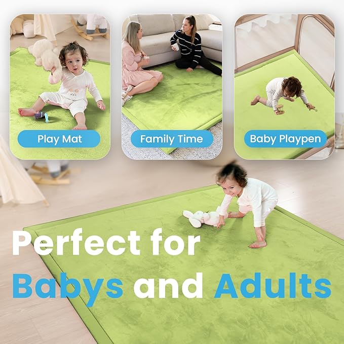 1.3" Thick Baby Play Mat for Floor Playpen, 50x50 Foam Tummy Time Mat, Padded Support Soft Plush Nursery Rug for Infant Kids Toddler Crawling Kick Activity (Light Green)-BubblyBeeBaby