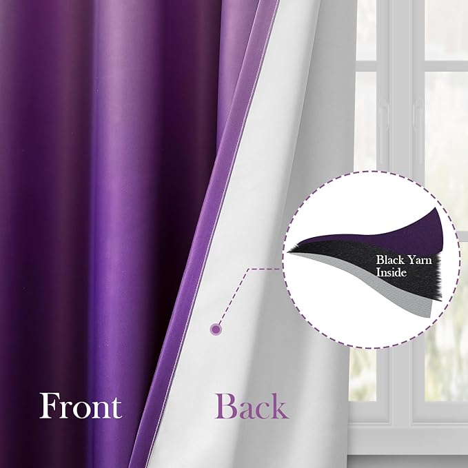 HOMEIDEAS Purple Ombre Blackout Curtains 52 X 96 Inch Length Gradient Room Darkening Thermal Insulated Energy Saving Grommet 2 Panels Window Drapes for Living Room/Bedroom-BubblyBeeBaby