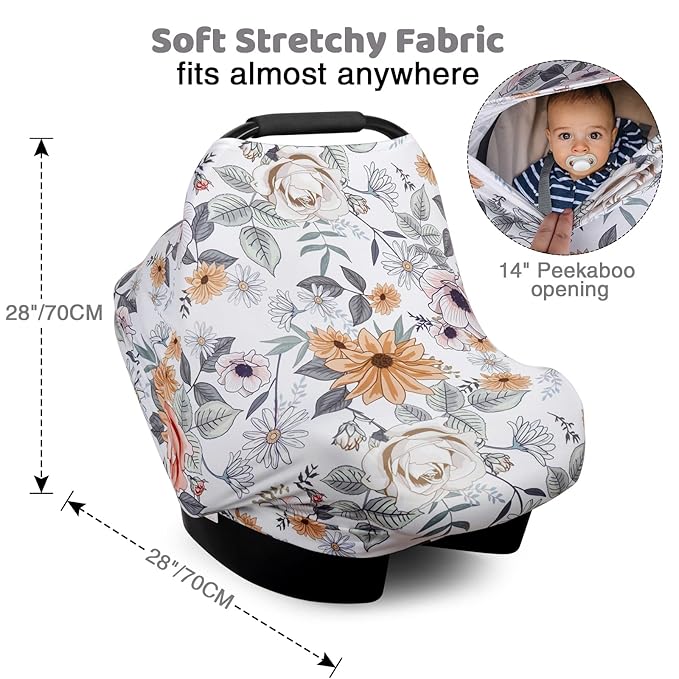 Rquite All-in-1 Car Seat Cover Baby, Carseat Covers for Girl Boy, Stretchy Soft Infant Car Seat Cover, Multi-use Baby Carrier Cover, Car Seat Canopy, Stroller Sun Shade, Nursing Breastfeeding Cover-BubblyBeeBaby