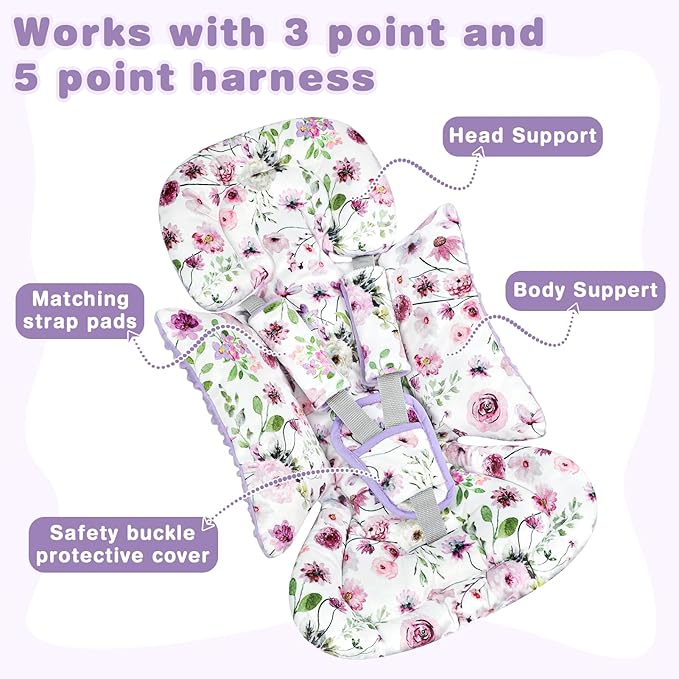 3-in-1 Infant Car Seat Insert, Soft Head and Body Support,Ultra & Strap Covers Set, Reversible Newborn Car Seat Cushion Pad for Baby Boy & Girl fits Stroller, Swing, Bouncer (Purple Flowers)-BubblyBeeBaby