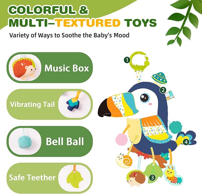Jollybaby Musical Activity Pull String Hanging Toy for Baby Stroller Car Seat Crib Play Gym, Plush Stuffed Toucan Toy for Carseat with Music Teether Rattles, Sensory Toy for Baby Gift-BubblyBeeBaby