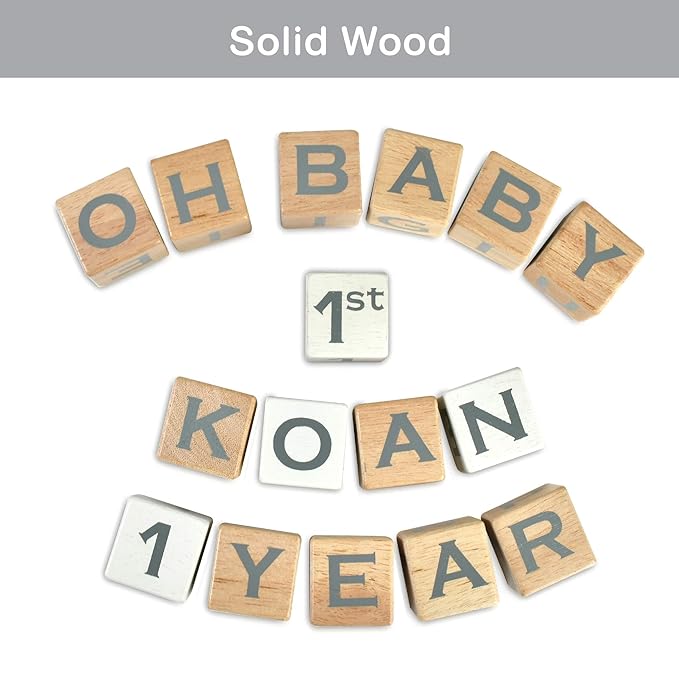 I'm Solid Wood Baby ABC Alphabet Milestone Age Blocks, Personalized Own Name, Gender Neutral, Newborn Gifts & Keepsakes for Picture Props (1.4" / 16 Pcs/Grey)-BubblyBeeBaby