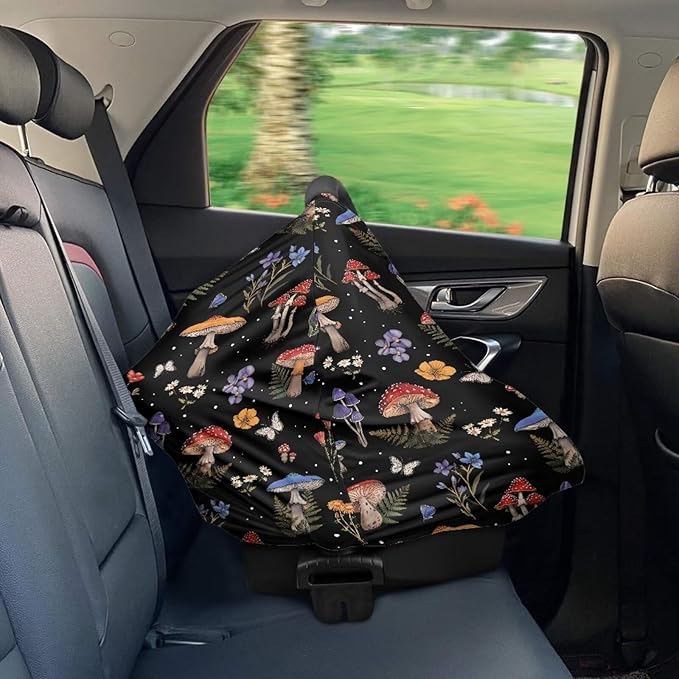 Binienty Mushrooms Car Seat Cover Canopies,Cottagecore Mushroom Nursing Cover for Mom Stretchy Infants Stroller Cover/High Chair/Breastfeeding Cover-BubblyBeeBaby