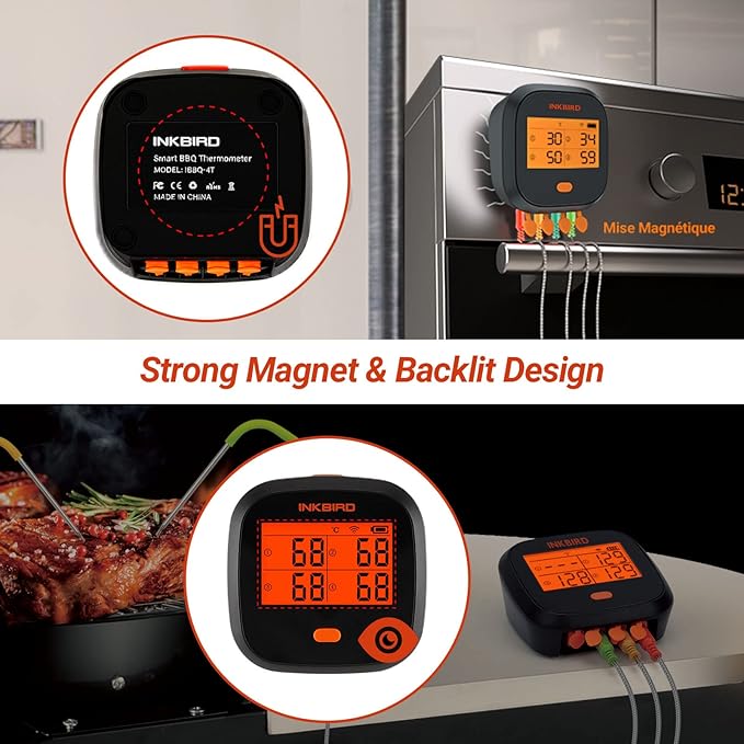 Inkbird WiFi Meat Thermometer for Grilling, Unlimited Rang Rechargeable BBQ Thermometer APP Calibration, Temp Graph Mobile Notification, 4 Colorful Probes Food Thermometer for Pellet Smoker Oven-BubblyBeeBaby