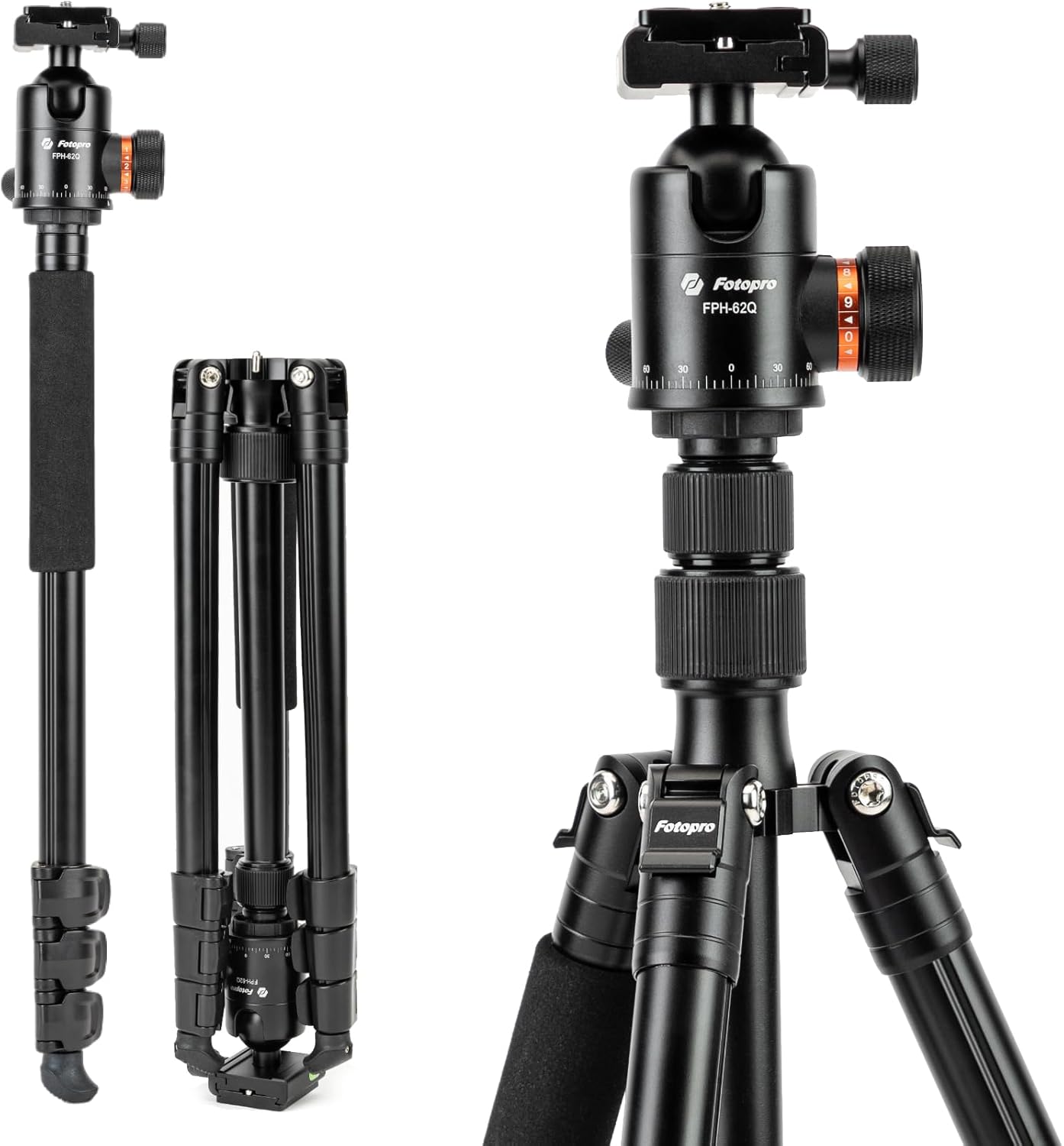 Fotopro 66" Camera Tripod, Aluminum Compact Travel Tripod and Monopod with 360° Ball Head Quick Release Plate, Professional Camera Tripod for DSLR, Load up 22lbs Video Tripod for DSLR, Load up 17.63bs