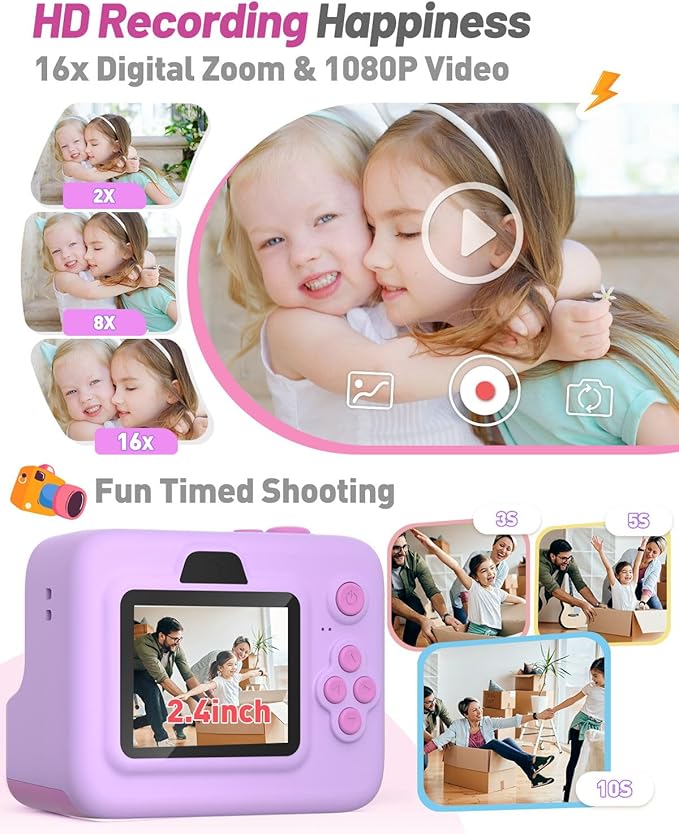 Instant Print Camera for Kids, Christmas Birthday Gifts for 3-12 Year Old Girls Boys, 2.4in Screen 1080P Video Digital Camera Toys for Kids Age 4 5 6 7 8 9 10 with 3 Rolls Print Paper 32G Card-BubblyBeeBaby