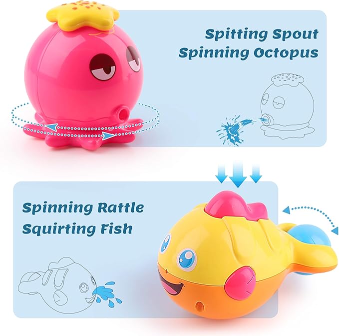 iPlay, iLearn Baby Bath Toys w/ Organizer, Water Squirting Octopus, Wind Up Swimming Turtle, Bathtub & Shower, Stacking Cups, Gift for 6, 9, 12, 18 Months 1, 2, 3 Years, Toddlers, Girls, Boys & Kids-BubblyBeeBaby