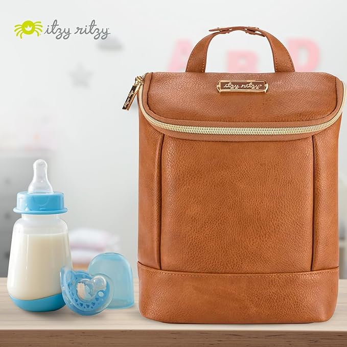 Itzy Ritzy Insulated Bottle Bag – Keeps Bottles Warm or Cool - Holds 3 Bottles & Features Interior Pocket for Ice Pack (Not Included), Cognac-BubblyBeeBaby