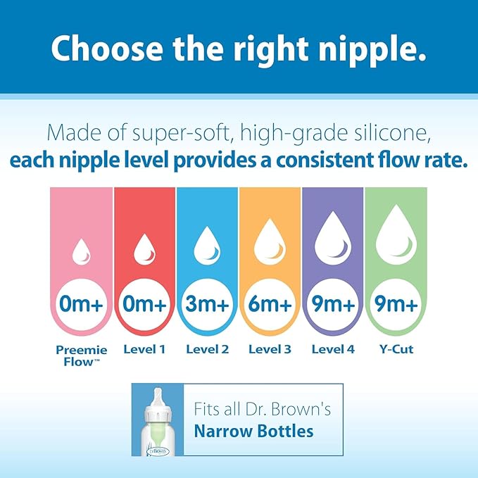 Dr. Brown’s Natural Flow Level 2 Narrow Baby Bottle Silicone Nipple, Medium Flow, 3m+, 100% Silicone Bottle Nipple, 6 Count-BubblyBeeBaby