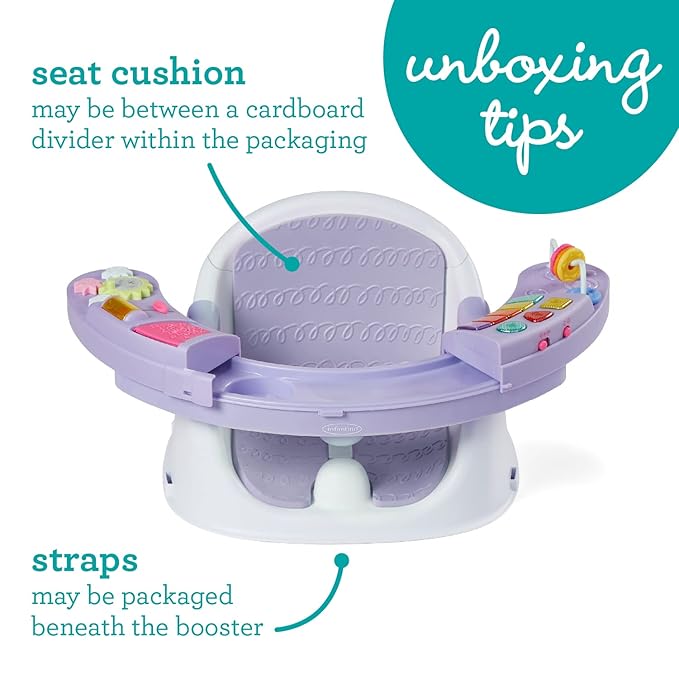 Infantino Music & Lights 3-in-1 Discovery Seat & Booster, Toddler Booster Seat for Dining Table or Kitchen Chair, Baby Activity Center & Snack Tray, Lavender-BubblyBeeBaby