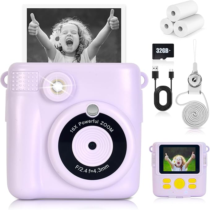 Instant Print Camera for Kids - 2.4 Inch Kids Camera Instant Print with Paper & 32G Card- Digital Children Toys as Christams Birthday Gifts for Girls Boys Age 3-12 - Purple-BubblyBeeBaby