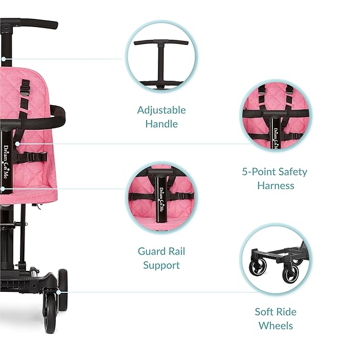 Dream On Me Lightweight and Compact Coast Rider Stroller with One Hand Easy Fold, Adjustable Handles and Soft Ride Wheels, Pink, 365-PINK-BubblyBeeBaby