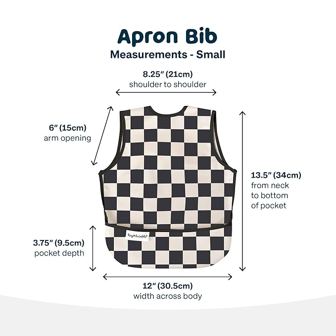 Tiny Twinkle Mess Proof Baby Bib - Waterproof & Lightweight Baby-Led Weaning Apron | 100% Recycled Polyester, Easy Clean & Machine Washable (Black Checkers, Small 6-24 Months)-BubblyBeeBaby