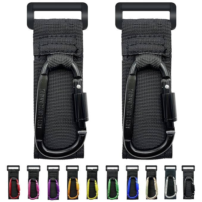 Baby Stroller Hook, Carry 30 lbs per Stroller Carabiner Clip, Adjustable Baby Stroller & Car Seat Hook for Hanging Diaper Bag, Wheelchair, Golf cart, Shopping and Pet Cart(2 Pcs Black)-BubblyBeeBaby