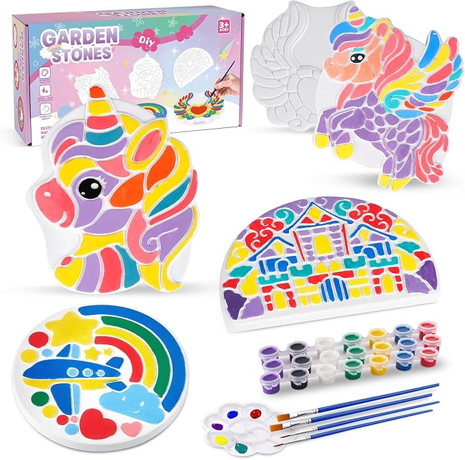 IFLOVE Paint Your Own Stepping Stones for Kids Craft Kits,Arts and Crafts for Kids Ages 4-8,5 Pack Painting Crafts for Girls Ages 8-12，Outdoor Toys Art Supplies Toddler Birthday Gift (Unicorn)-BubblyBeeBaby