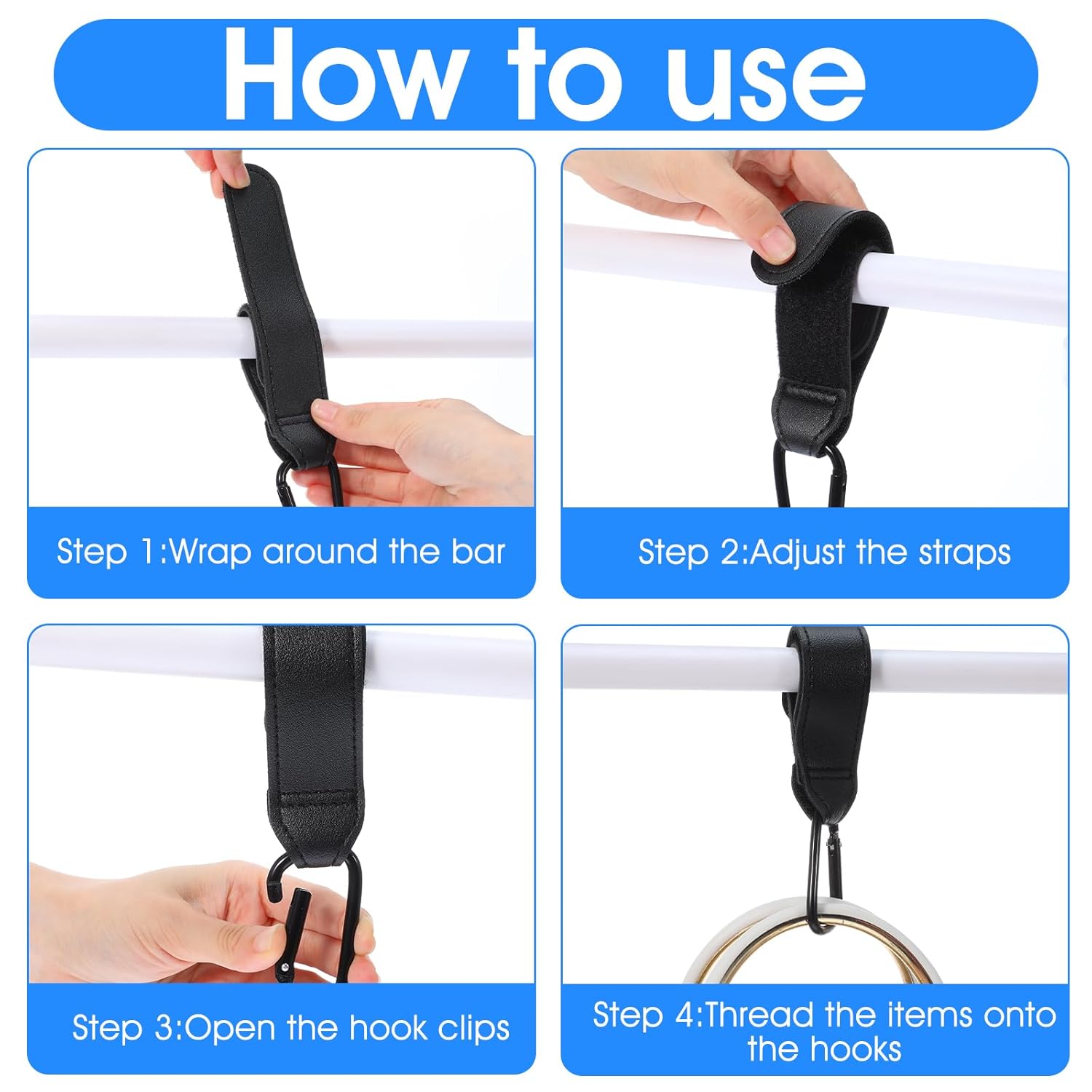 Xindojuz 2 PCS Stroller Hooks for Bags, Multipurpose Stroller Straps with Large Carabiner Clip for Hanging Diaper Bag and Strollers Organizer Accessories for Wheelchair, Shopping and Pet Carts (Black)