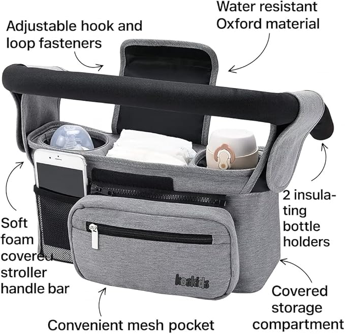Universal Stroller Organizer with Insulated Cup Holder, Detachable Phone Bag, Shoulder Strap – Fits All Stroller Types, Keeps Drinks Hot/Cold (Grey)-BubblyBeeBaby