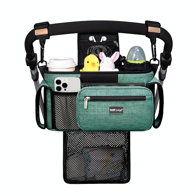 TOPDesign Universal Baby Stroller Organizer, Stroller Caddy with Detachable Mesh Bag & Heightened Insulated Cup Holders & Non-Slip Secure Hooks Accessories, Fits Most Strollers (Green)-BubblyBeeBaby