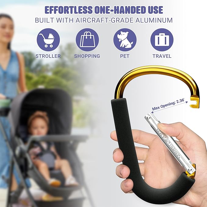 sprookber 6.7 Inch Large Stroller Hooks for Diaper Bags & Purses, Heavy Duty Mommy Hooks for Shopping, Grocery, Backpack – Baby Stroller Accessories, Set of 2 (Gold)-BubblyBeeBaby