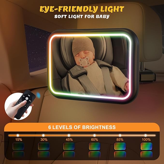 Baby Car Mirror with Light, 7 RGB Light Rear Facing Baby Car Seat Mirror with Remote Control Rechargeable 360° Rotation Hook Clip Design Wide View Shatterproof-BubblyBeeBaby