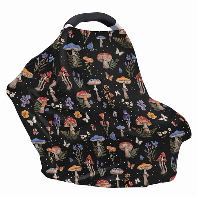 Binienty Mushrooms Car Seat Cover Canopies,Cottagecore Mushroom Nursing Cover for Mom Stretchy Infants Stroller Cover/High Chair/Breastfeeding Cover-BubblyBeeBaby