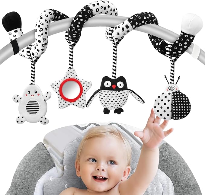 High Contrast Baby Toys - Black & White Hanging Toys for Car Seat, Stroller & Crib | Newborn Essentials 0-6 Months | Perfect-BubblyBeeBaby
