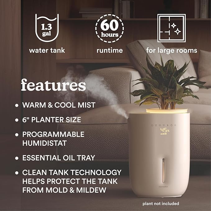 Homedics Natura Ultrasonic Warm & Cool Mist Humidifier, 1.3-Gal for Large Rooms, 60-Hr Runtime, Plant Holder, Programmable Humidity, Auto Shutoff, Nightlight Small Plant Compatible(Plant Not Included)-BubblyBeeBaby