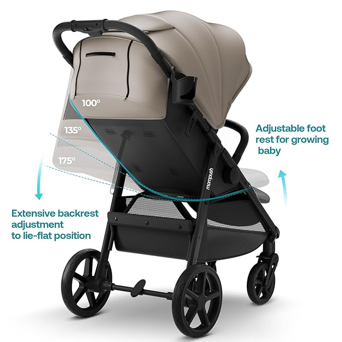 Mompush Nova Baby Stroller for Toddler, Infant & Newborn | Spacious Seat & Lie-Flat Mode | Compact One-Hand Fold, UPF 50+ Canopy & All-Wheel Suspension | Includes Rain Cover & Cup Holder, Khaki-BubblyBeeBaby