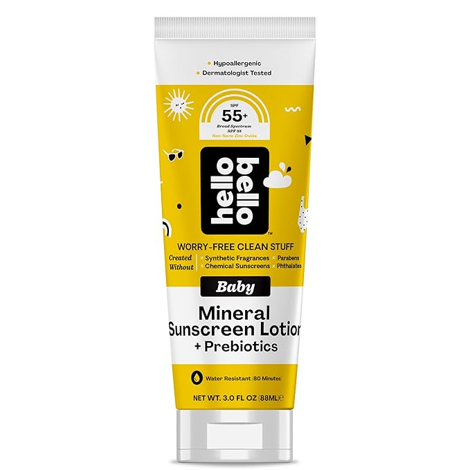 Hello Bello Mineral SPF 55 Sunscreen Lotion with Prebiotics, Water Resistant and Reef Friendly Sun Protection for Babies and Kids, 3 fl oz (Pack of 1)-BubblyBeeBaby