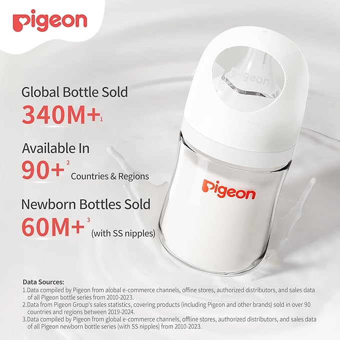 Pigeon Glass Nursing Bottle Wide Neck, Anti-Colic, Streamlined Body, Natural Feel, Easy to Clean, Heat-Resistant, 5.4 Oz(Pack of 2), Includes 2pcs SS Nipples (0m+)-BubblyBeeBaby