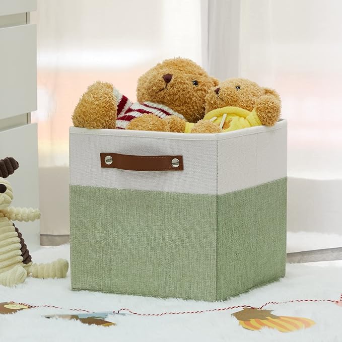 HNZIGE Fabric 11x11 Cube Storage Bins, Set of 4, Foldable Storage Cube Bin Baskets for Shelves with Handles, Bins for Cube Organizer Home Toy Nursery Closet(Green White)-BubblyBeeBaby