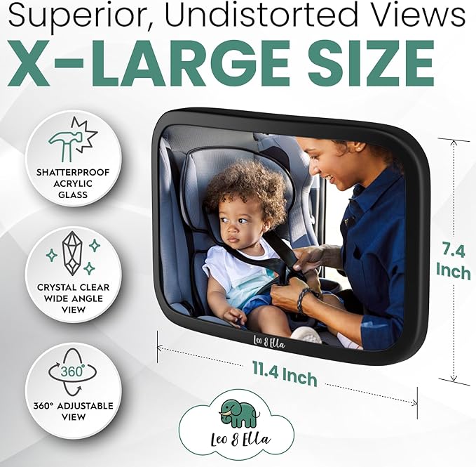 Leo and Ella - Baby Car Mirror - Extra Large & Ultra Clear Infant View, Crash Tested Shatterproof Design w/ 360° Adjustable Mount, Premium Car Mirror For Baby-BubblyBeeBaby