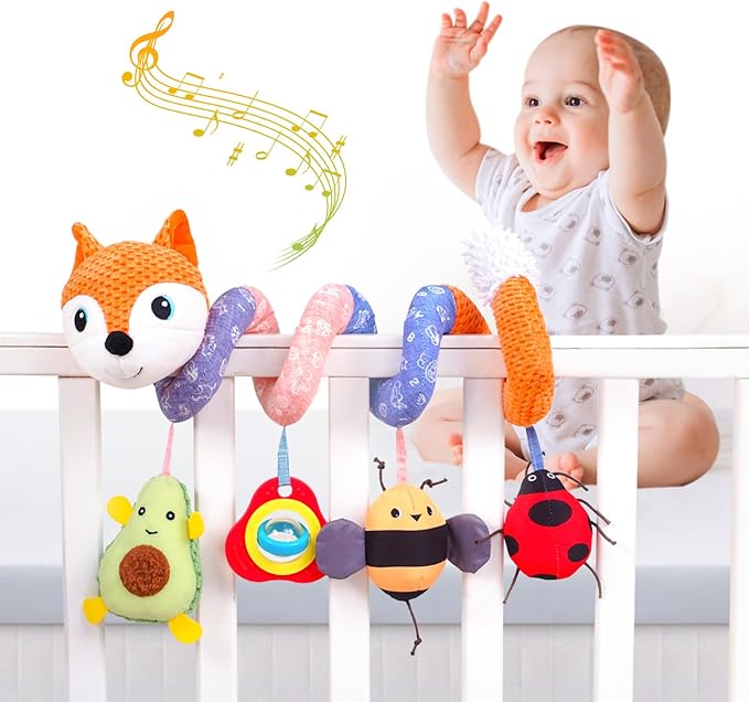 Jollybaby Baby Car Seat Stroller Toys, Plush Activity Hanging Spiral Activity Pram Crib with Music Box, Rattles, Squeaker for Babies Infant Boys Girls(Orange Fox)-BubblyBeeBaby
