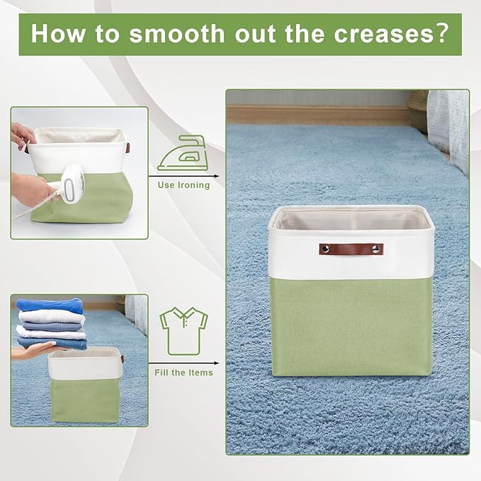 13x13 Cube Storage Bins, Collapsible Fabric Storage Box, 4 Pack Closet Baskets with Handles for Organizing, Shelf, Toys, Clothes, Home, Office, Nursery (Green&White)-BubblyBeeBaby