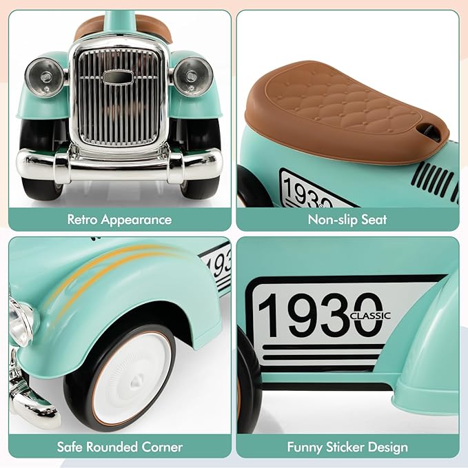 HONEY JOY Ride On Push Car, Outdoor Toddler Riding Toys w/Steering Wheel, Horn & Storage, Foot-to-Floor Sliding Car, No Batteries, Retro Baby Ride On Toys for Boys and Girls (Green)-BubblyBeeBaby