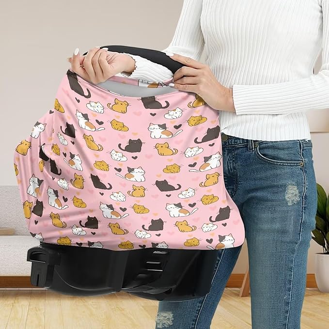 Binienty Baby Car Seat Covers - Cartoon Kitten Infant Carseat Canopy Multi-use Stretch Nursing Cover for Breastfeeding-BubblyBeeBaby