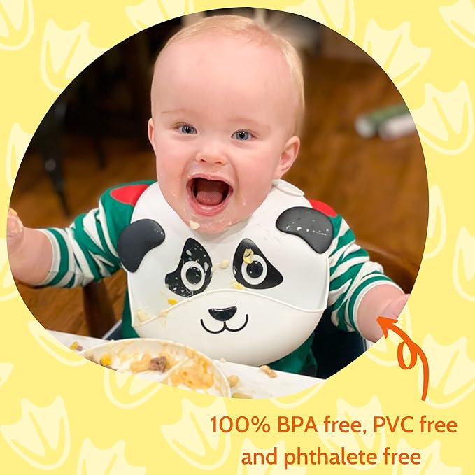 Silly Goose Silicone Animal Baby Bibs for Babies and Toddlers, Waterproof, Adjustable, Soft, Extra Wide Food Catcher Pocket (Baby Panda)-BubblyBeeBaby