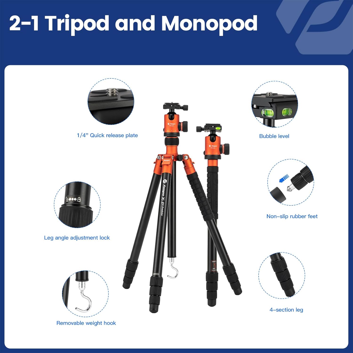 Fotopro 68" Camera Tripod for DSLR, Heavy Duty Compact Travel Tripod with Ball Head, Detachable Monopod with Quick Release Plate and Bag, Load up to 12KG/26.5lbs(Orange)