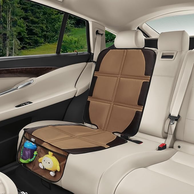 Car Seat Protector, 2 Pack Baby CarSeat Covers with Mesh Pockets & Non-Slip Backing 600D Durable Seat Protectors Under Car Seat for Baby (Black & Brown, Large)-BubblyBeeBaby