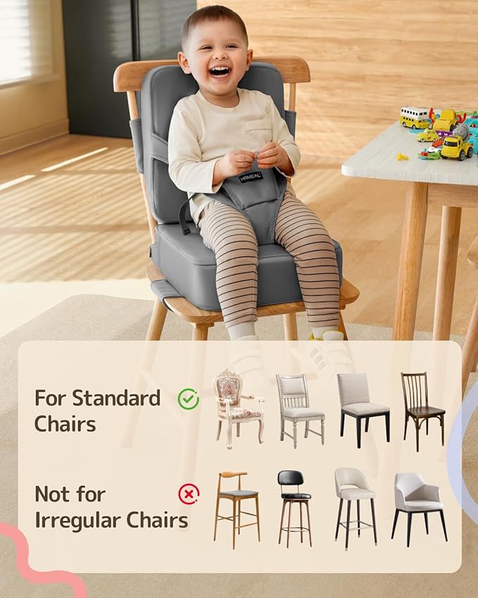 HOMEAL Toddler Booster Seat for Dining Table with Backrest and Adjustable Straps, Breathable Booster Seat for Kitchen Chair, Portable Non-Slip Bottom Booster Seat for Table, Light Grey-BubblyBeeBaby