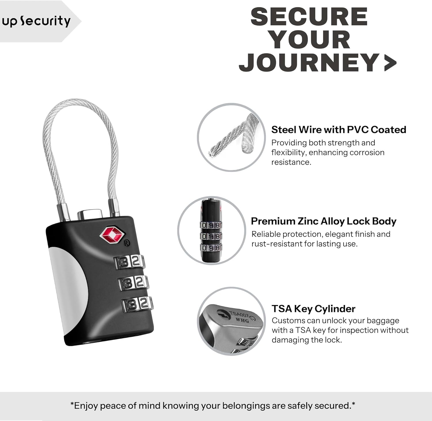 TSA Approved Luggage Locks - Small Combo Travel Padlock with Cable, TSA 007 Suitcase & Backpack Security, Durable & Easy to Use (Black+Black)