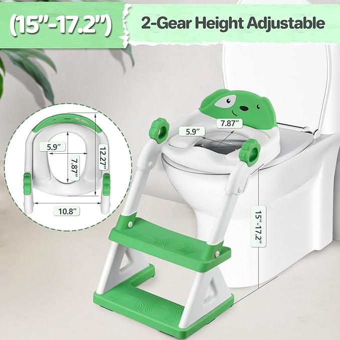 2 In 1 Potty Training Toilet Seat & Toddler Step Stool, Bottom Triangle Stability Toddler Toilet Seat, Adjustable Step & Seat Height Potty Seats (Green)-BubblyBeeBaby