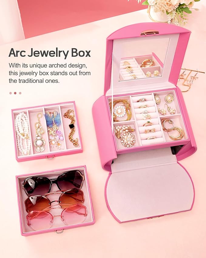 Homde Girls Jewelry Box Jewelry Storage Case Organizer with Mirror for Rings, Earrings, Bracelets, Necklaces (Pink + Gold)-BubblyBeeBaby