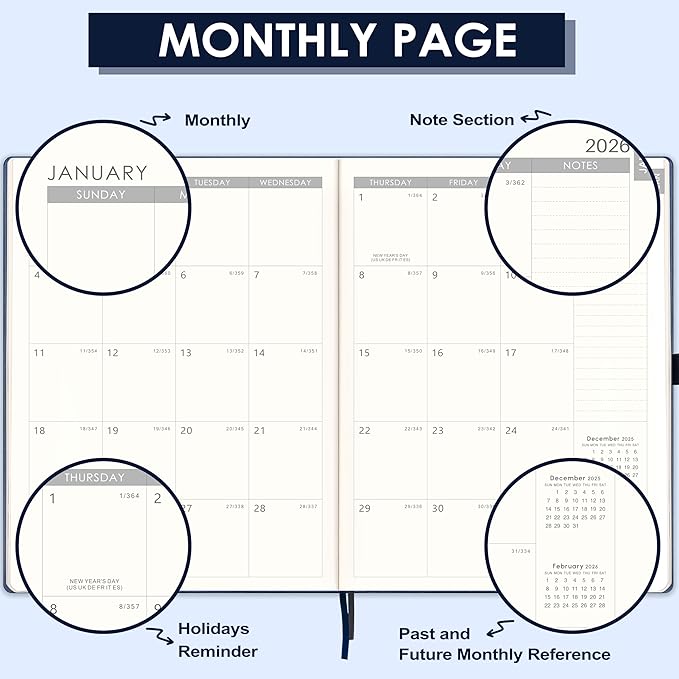 2026 Planner - Weekly and Monthly Planner 2026, JAN 2026 - DEC 2026, 8.5" x 11", Leather Cover 2026 Planners with Thick Paper, Back Pocket with Notes Pages - Blue-BubblyBeeBaby