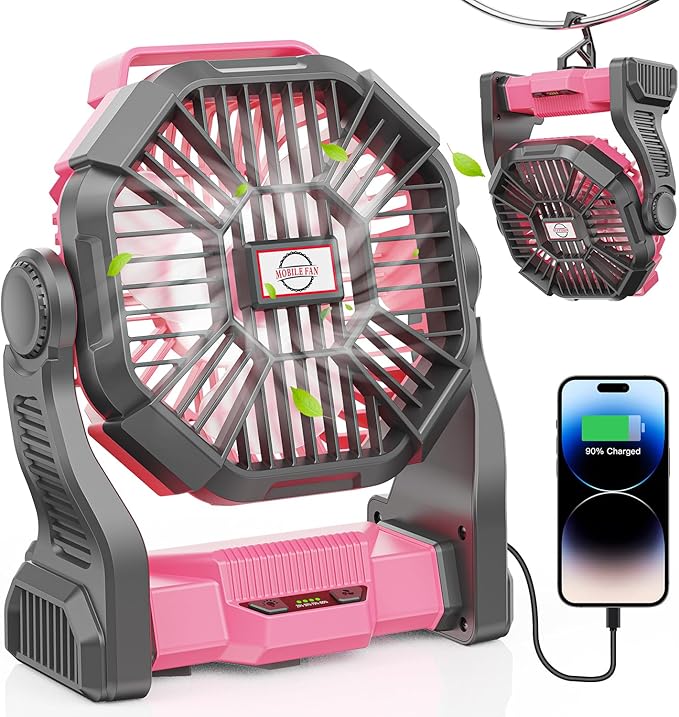 20000mAh Portable Battery Powered Camping Fan - with LED Light, Quiet Battery Operated, Camping Gear for Travel, Tent, Beach, Car or Hurricane Power Outages, Pink-BubblyBeeBaby