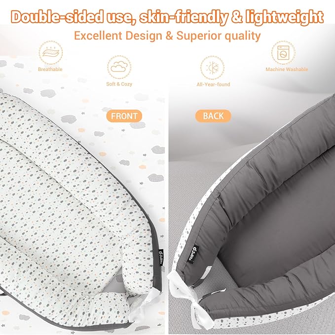 JOLLITO Baby Lounger for Baby Girls & Boys, Infant Lounger Cover, Newborn Essentials for Baby 0-12 Months, Baby Play Mat,100% Cotton Breathable, Portable Travel, Babies Essentials Gifts-BubblyBeeBaby