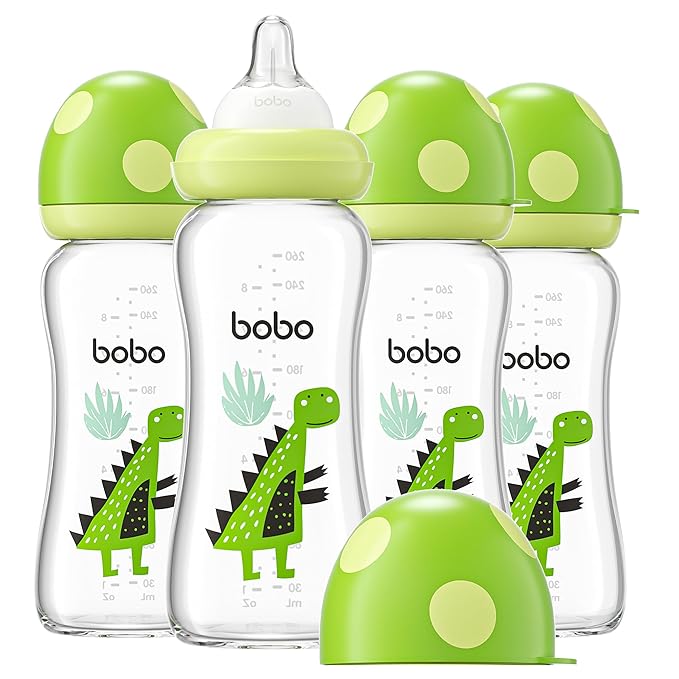 YOHKOH Natural Glass Baby Bottle with Natural Response Nipple, Newborn Anti-Colic Baby Bottles, Wide Neck Mushroom Cap Baby Bottle, Clear (8.8ounce (Pack of 4), Green2)-BubblyBeeBaby