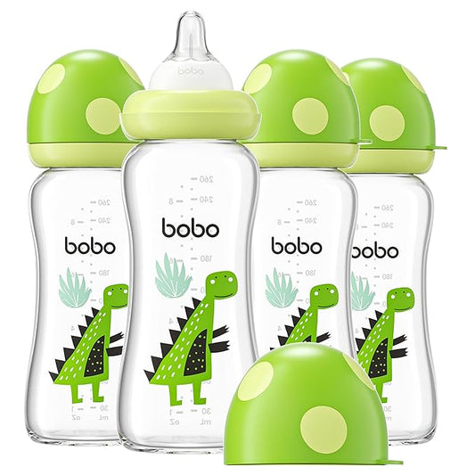 YOHKOH Natural Glass Baby Bottle with Natural Response Nipple, Newborn Anti-Colic Baby Bottles, Wide Neck Mushroom Cap Baby Bottle, Clear (8.8ounce (Pack of 4), Green2)-BubblyBeeBaby