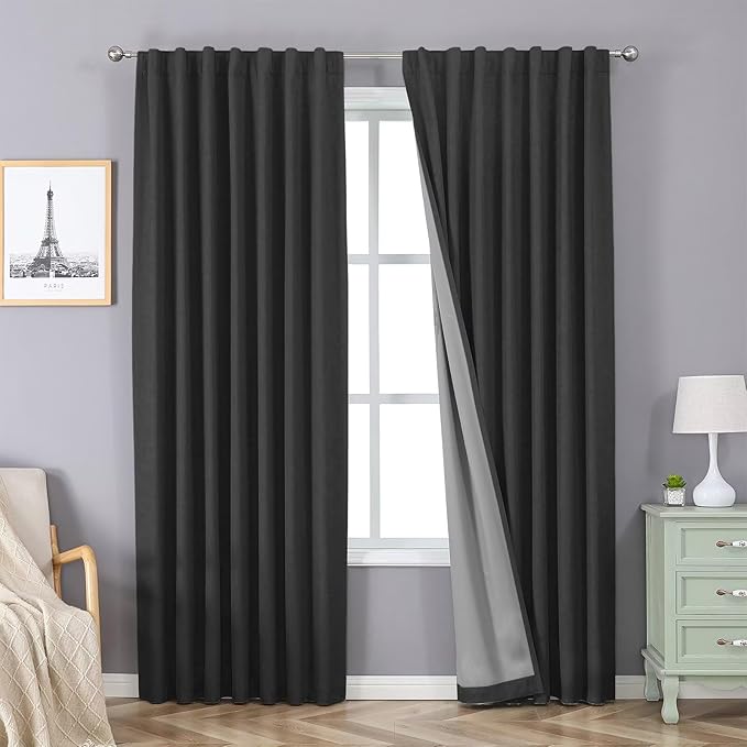 Joydeco 100% Blackout Curtains 108 inches Long for Bedroom Living Room - 2 Panels Set Burg Room Darkening Black Out Curtains for Bedroom Windows, Back tab Rod Pocket(52x108 inch,Black)-BubblyBeeBaby
